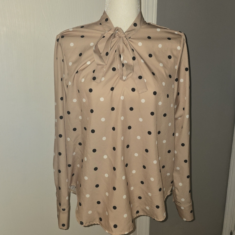 Polka Dot Chic Tan and Black Blouse with Timeless Appeal